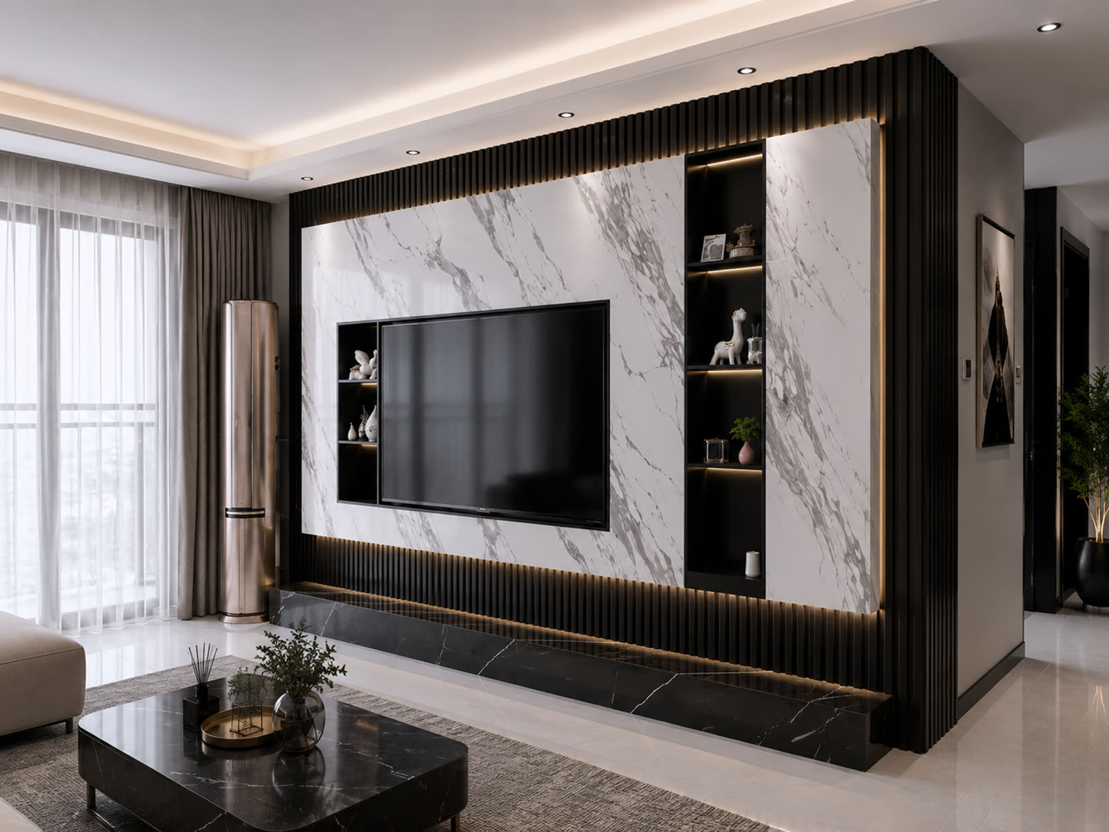 Luxe cinewall met haard en verlichting